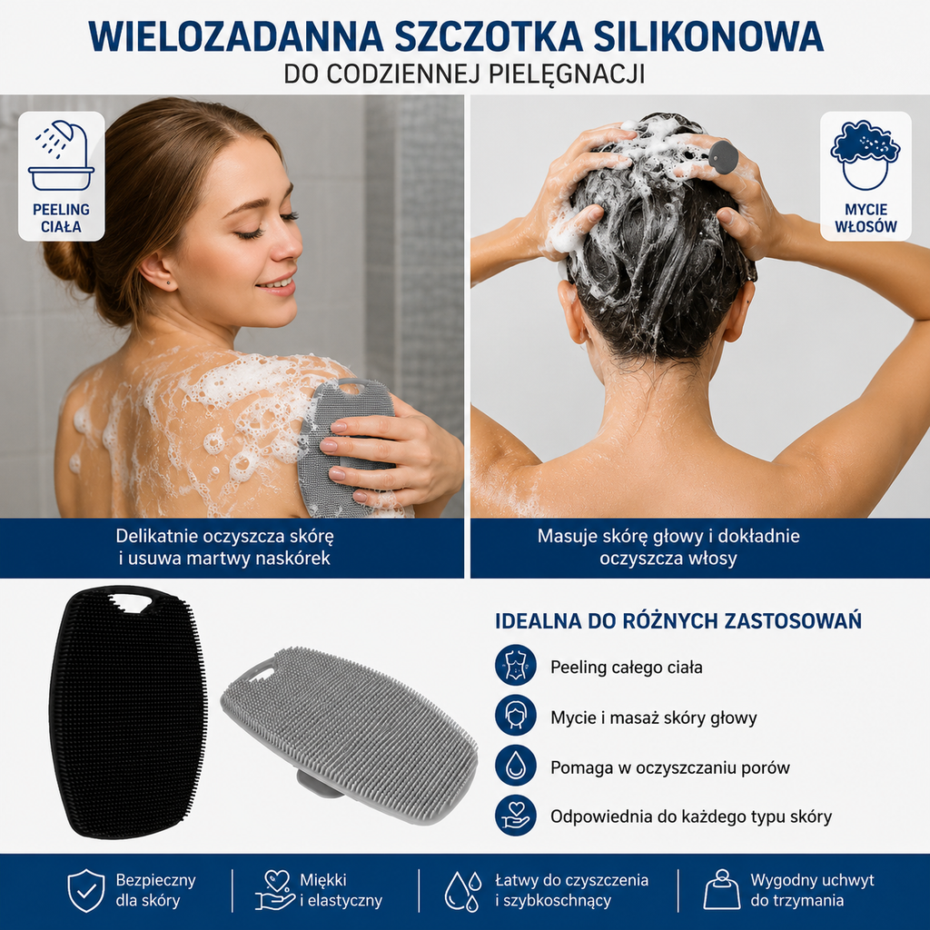 Miękka silikonowa szczotka do peelingu. Ręczny masażu ciała